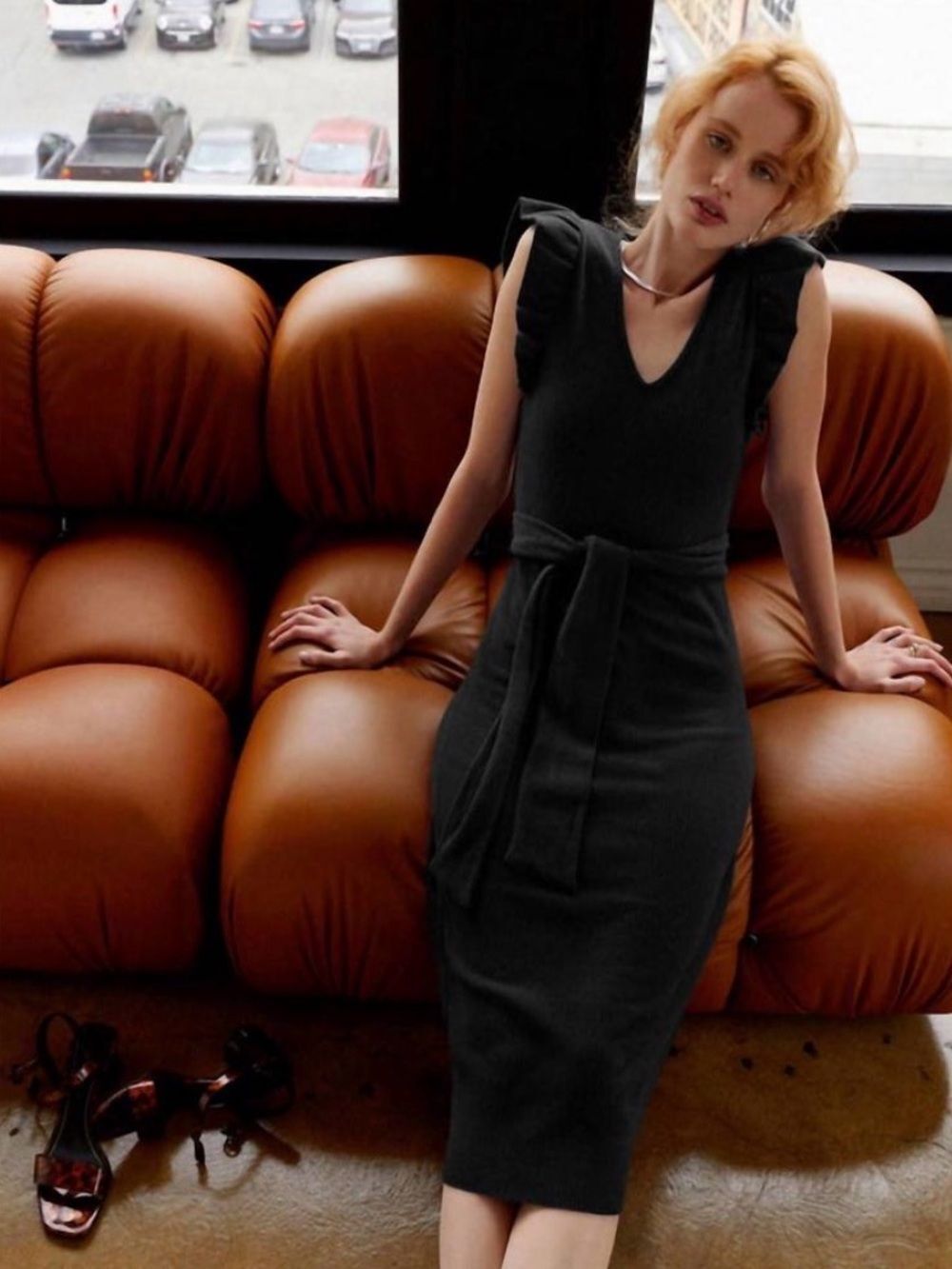 NATION LTD Oriana Ruffled Sash Dress Black Modal Blend Midi Size L NWT